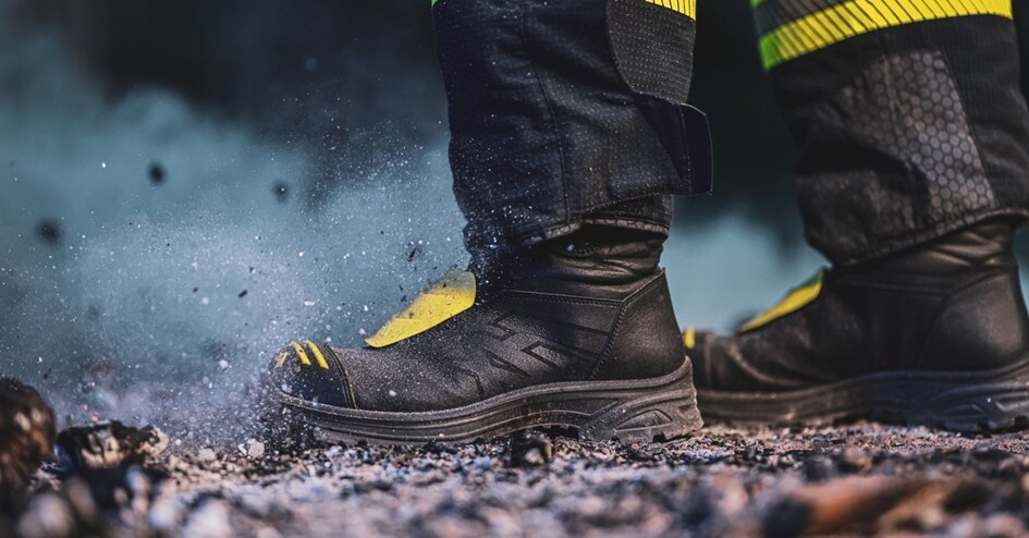Nahaufnahme von Feuerwehrschuhen in Aktion. Ein Feuerwehrmann trägt schwarze Sicherheitsschuhe mit gelben Elementen und tritt auf Schutt und Asche. Staub und kleine Partikel wirbeln um die Stiefel auf, was die robuste Belastung der Schuhe verdeutlicht.