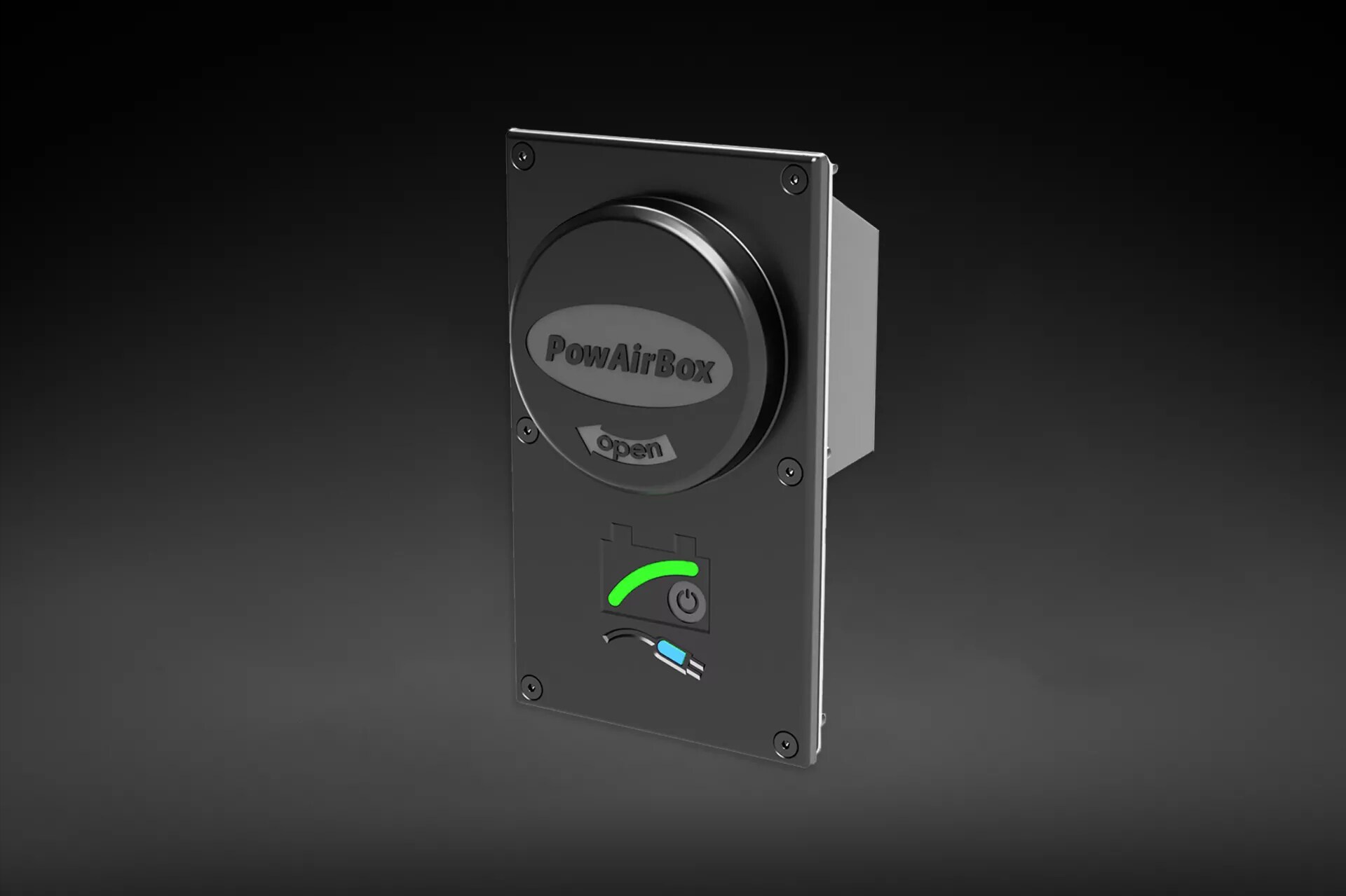 A modern wall-mounted device labeled “PowAirBox” shows a charging unit with a status indicator, likely used for powering or charging electrical devices.